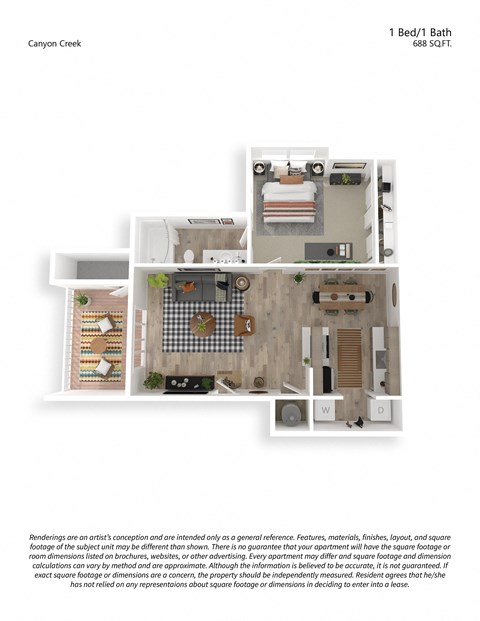 Floor plan for 1 bed, 1 bath, 688 sqft